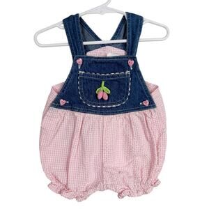 Vtg 90s Denim Pink Gingham Bubble Romper Hearts Unbranded - 3-6 Months